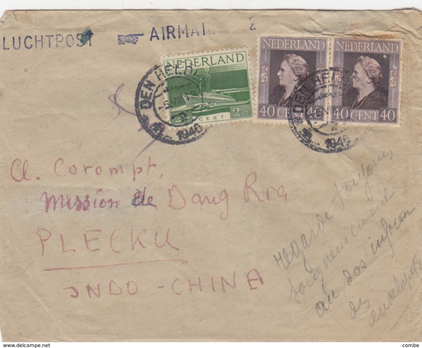 LETTRE. PAYS-BAS. 5 8 46. LUCHTPOST42 1/2 CENT. DEN HELDER POUR PLEI-KU ANNAM INDOCHINE. - Briefe U. Dokumente