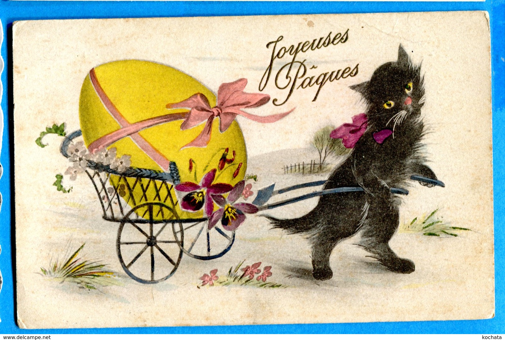 OLI134, Joyeuses Pâques, Chat Noir, Cat Black, Charette, Oeuf, 828, Non Circulée - Ostern