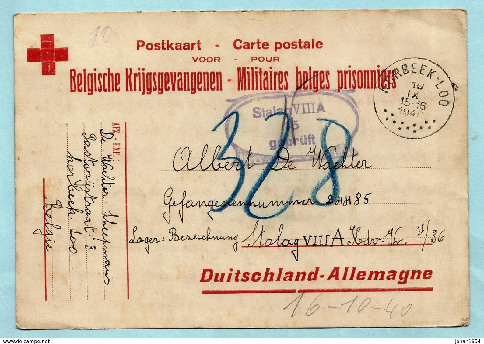 Postkaart Belgische Krijgsgevangenen, Afst. KORBEEK-LOO 10/09/1940 Naar STALAG VIII A, Ontvangen 16/10/1940 + Censuur - Guerre 40-45 (Lettres & Documents)