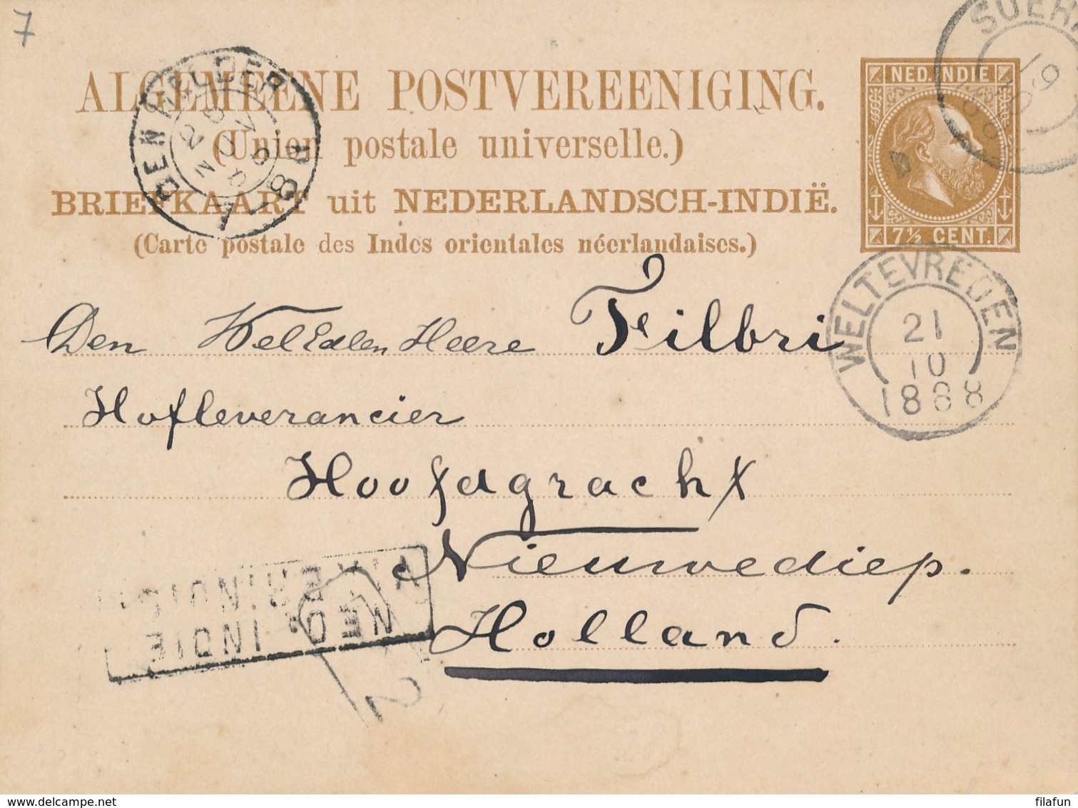 Nederlands Indië - 1888 - 7,5 Cent Willem III, Briefkaart G7 Van Soerabaja - Via Brindisi Naar Nieuwediep / Nederland - Nederlands-Indië