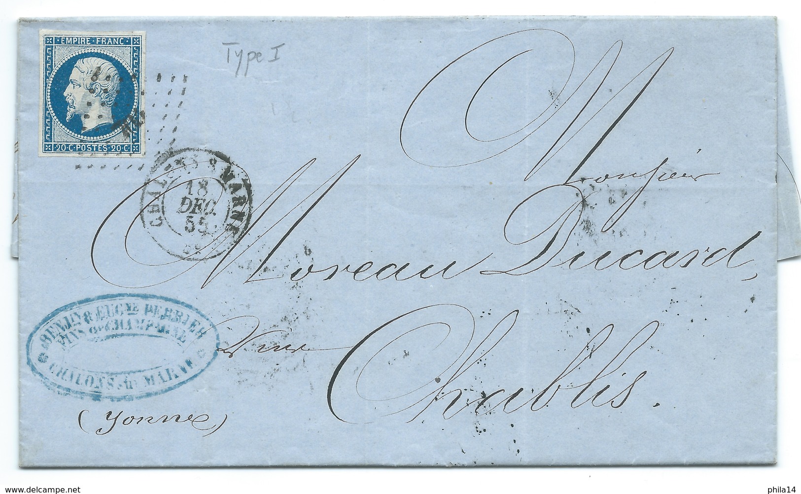 N° 14 BLEU NAPOLEON SUR LETTRE / CHALONS SUR MARNE POUR CHABLIS / 18 DEC 1855 - 1849-1876: Période Classique