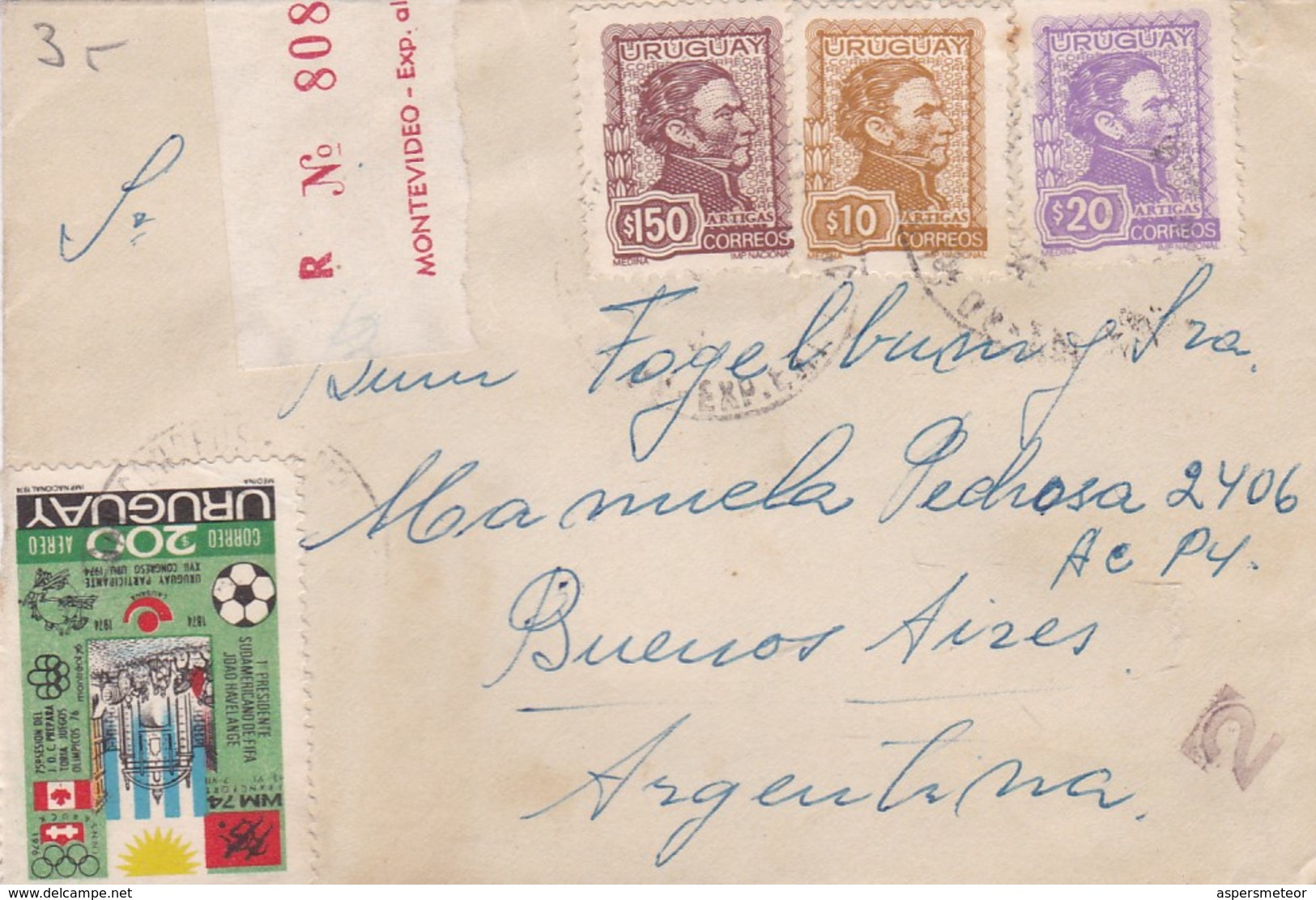 URUGUAY ENVELOPE CIRCULATED 1939. TRINIDAD TO BUENOS AIRES, ARGENTINA. REGISTERED, MIXED STAMPS -LILHU - Uruguay