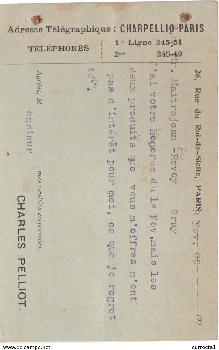 Entier 1905 Repiqué Charles PELLIOT / Adresse Télégraphique CHARPELLIO / Sur Semeuse Lignée 10 C N° 523 - Prêts-à-poster:private Overprinting