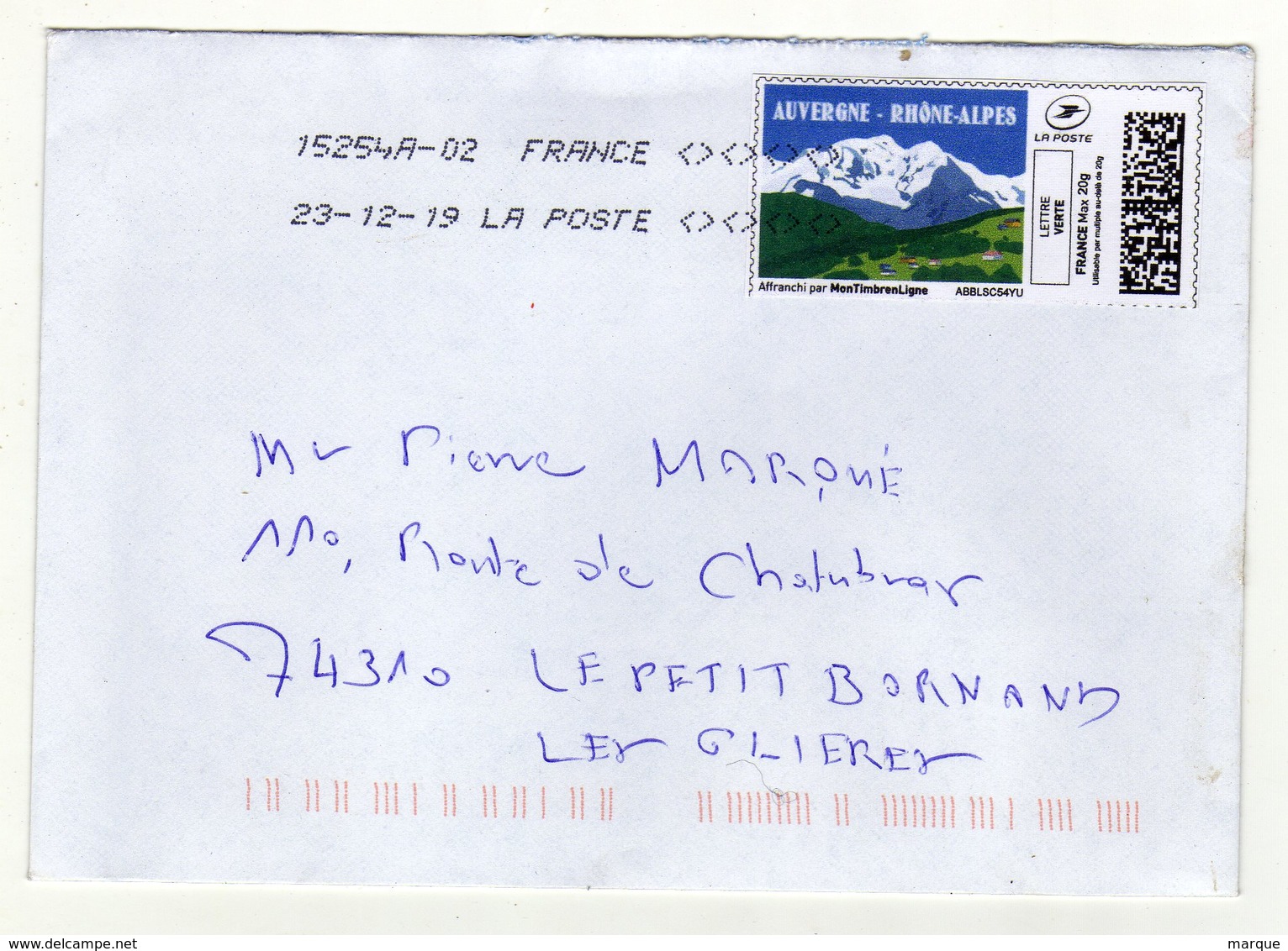 Enveloppe FRANCE Avec Vignette D' Affranchissement Verte Oblitération LA POSTE 15254A-02 23/12/2019 - 2010-... Abgebildete Automatenmarke