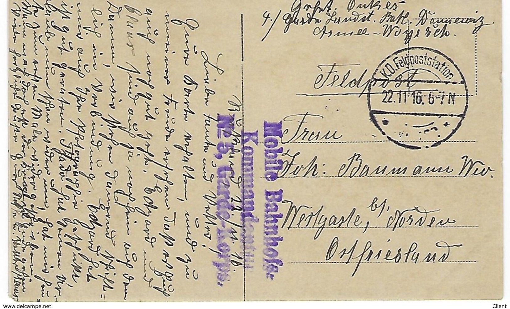 DEUTSCHLAND - FELDPOST POLEN / RUSSLAND - DORF TARTAK BEI LESNAJA 1916 - 1914-18