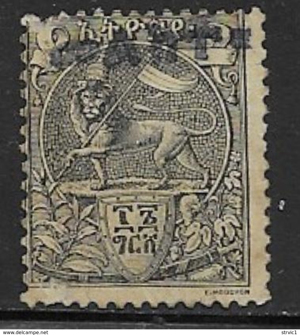 Ethiopia Scott # 28 Unused No Gum Lion Of Judah Handstamped, 1903, CV$57.50, Defect At Upper Left Corner - Ethiopia