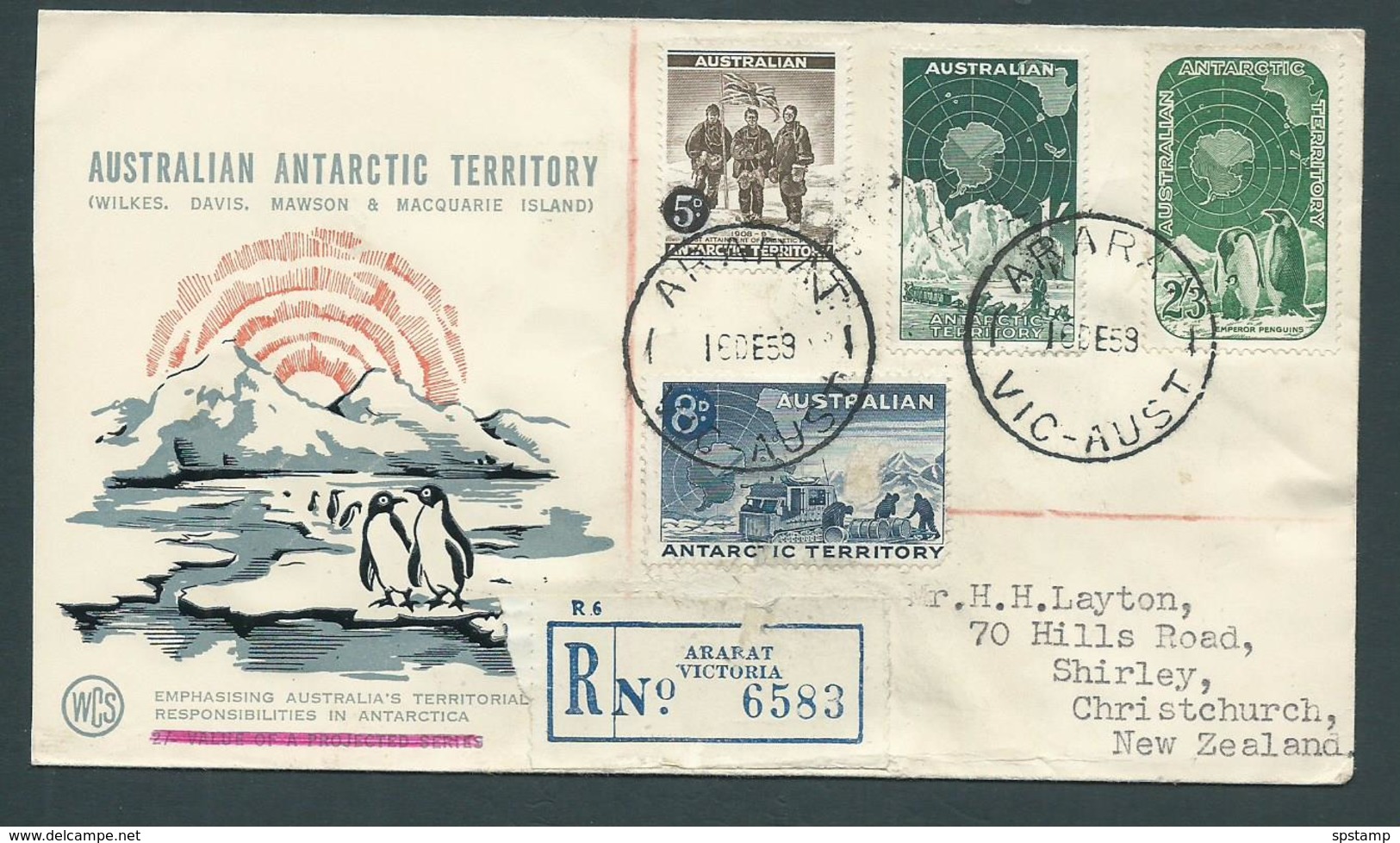 Australian Antarctic Territory 1959 Definitive Set 4 On WCS Registered FDC Ararat Victoria To NZ - Other & Unclassified