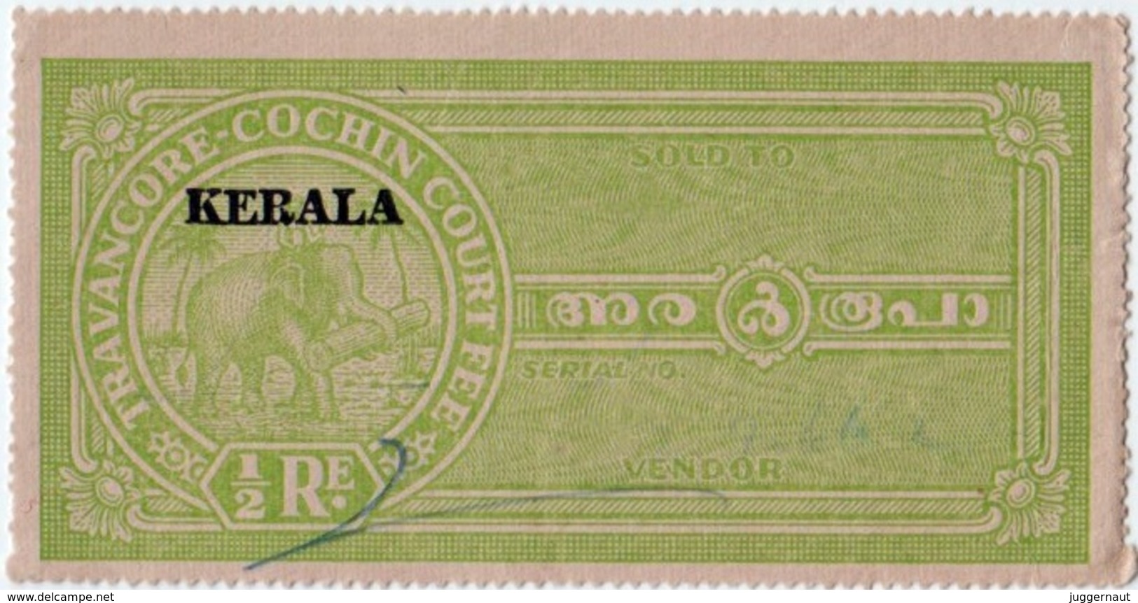 Travancore-Cochin/KERALA INDIA 1/2-Rupee COURT FEE Stamp 1949-50 GOOD/USED - Travancore-Cochin