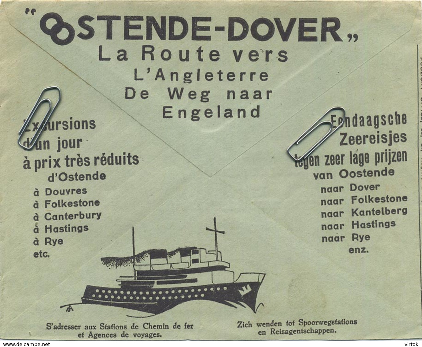 Old Envelope With Publicité 1935: Paquet Oostende-Dover  // Verso : SHELL : Les Huiles Et Benzine - Tarjetas Transatlánticos