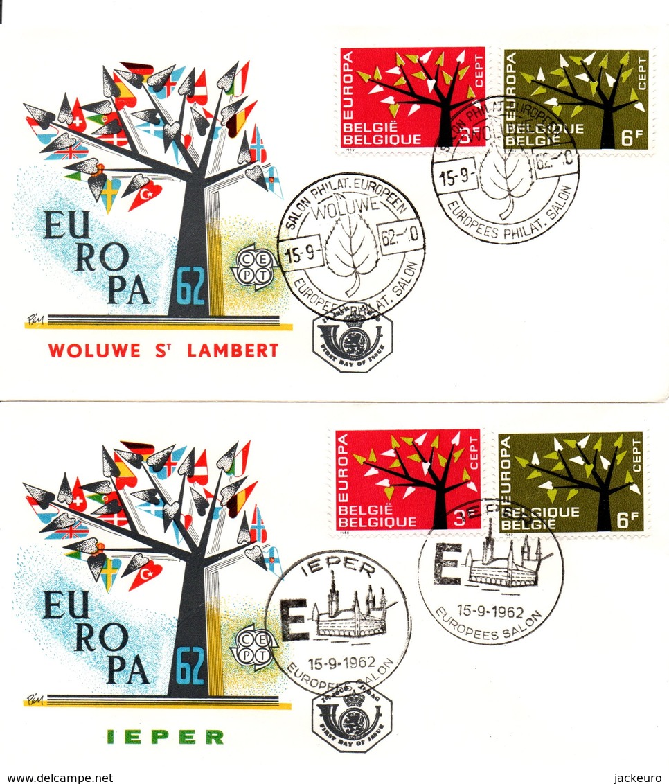 M91a-b  15.9.62  FDC Timbres Europa Belgique 1962 (cachets Wolumwe Et Ieper)  TTB - 1962