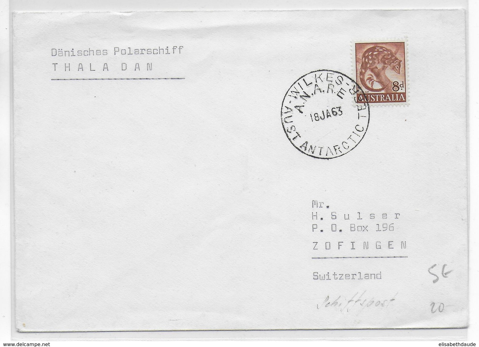 POLAIRE - 1963 - ANTARCTIQUE AUSTRALIEN - ENVELOPPE De WILKES EXPEDITION POLAIRE DANOISE ! PAQUEBOT "THALA DAN" - Lettres & Documents