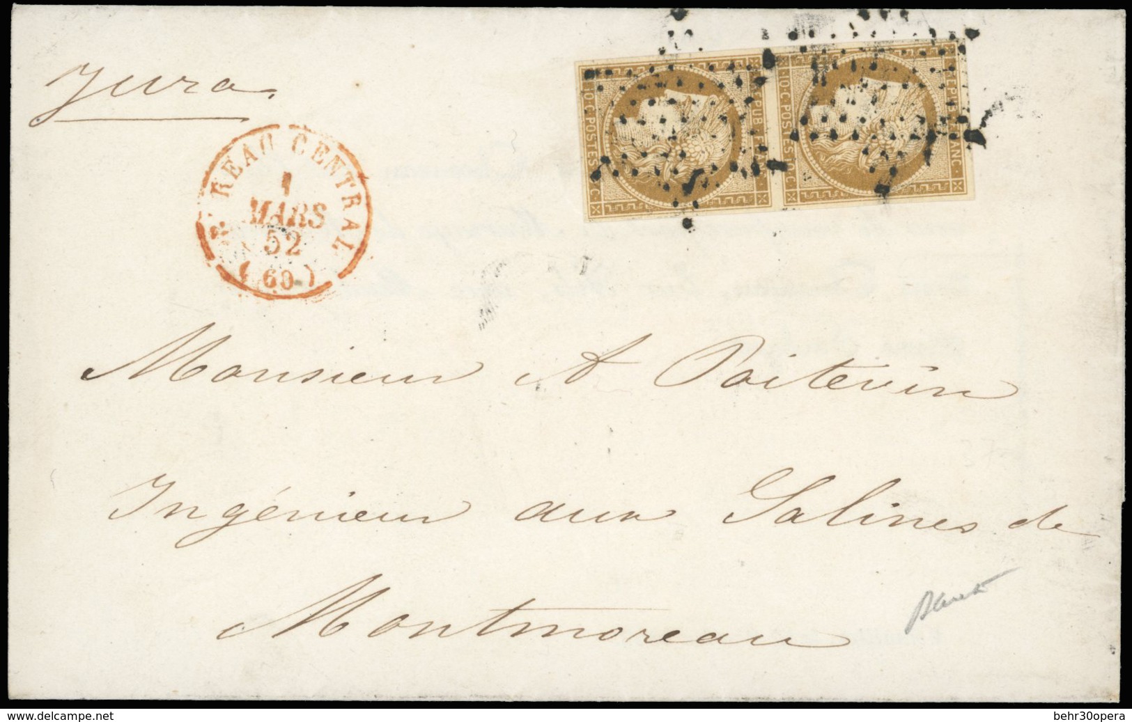 O N°1 - Paire Verticale Du 10c. Bistre-jaune Obl. étoile S/lettre Frappée Du Cachet Rouge BUREAU CENTRAL (60) Du 1er Mar - 1849-1850 Ceres