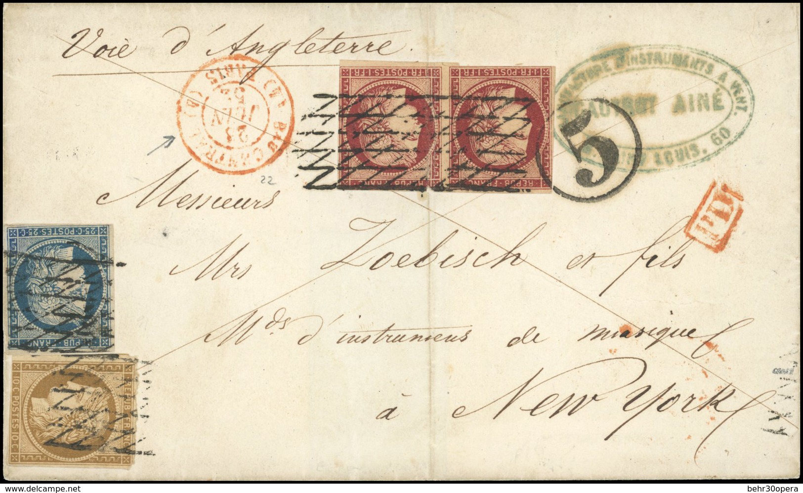 O N°110 - 10c. Bistre-jaune + 25c. Bleu + Paire Du 1F. Carmin, Obl. Grille Sans Fin S/lettre Frappée Du CàD Rouge PARIS  - 1849-1850 Ceres