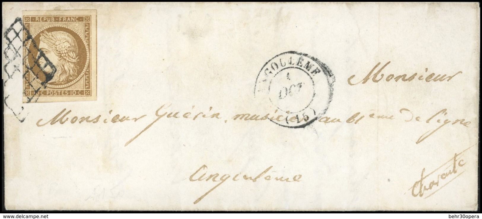 O N°1a - 10c. Bistre-brun Obl. Grille S/lettre Locale Frappée Du CàD D'ANGOULEME Du 1er Octobre 1851. Cote Maury. TB. - 1849-1850 Ceres