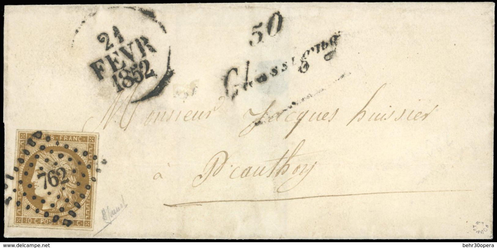 O N°1a - 10c. Bistre-brun, Obl. étoile PC 762 S/lettre Frappée De La Cursive ''50 CHASSIGNY'' Et Du Cachet Dateur ''21 F - 1849-1850 Ceres