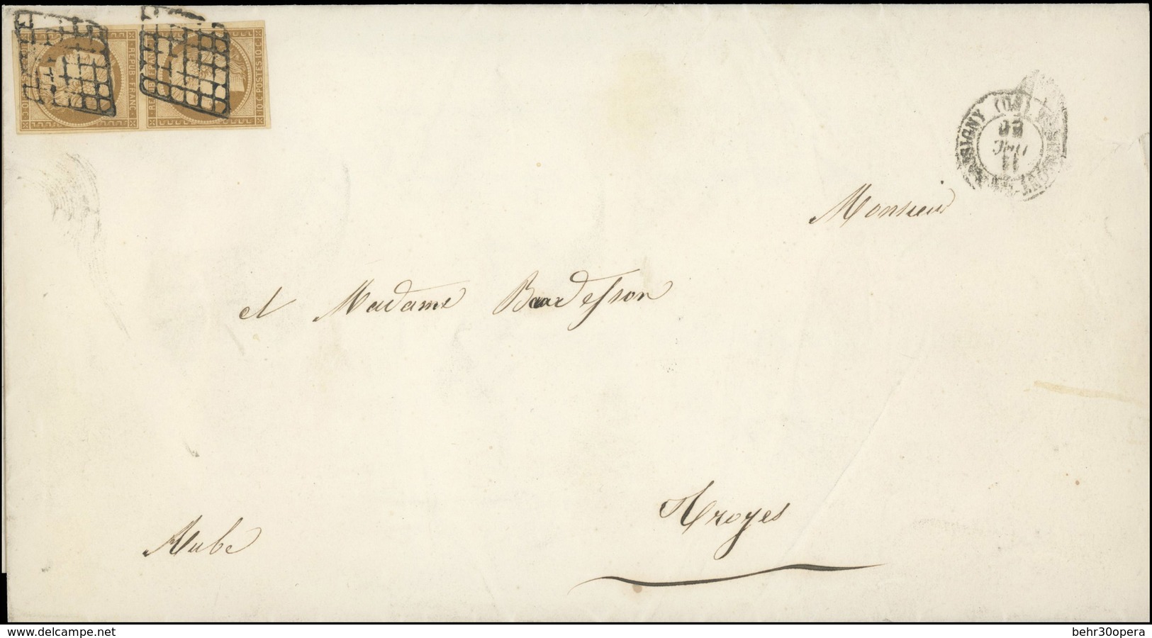 O N°1d - Paire Tête-bêche Du 10c. Bistre Obl. Grille S/lettre Frappée Du CàD De CHAUMONT-EN-BASSIGNY Du 10 Décembre 1850 - 1849-1850 Ceres