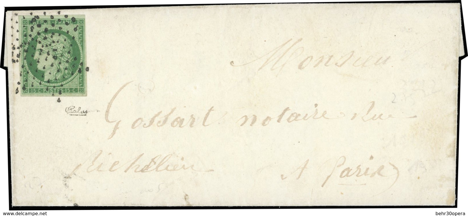 O N°2 - 15c. Vert. Obl. étoile Sur Lettre à Destination De PARIS. Arrivée Le 5 FEVRIER 1852. Timbre Court Sur Une Marge. - 1849-1850 Cérès