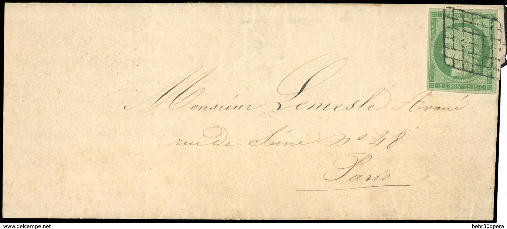 O N°2a - 15c. Vert-clair Obl. Grille S/lettre Locale De PARIS Du 26 Février 1851. Arrivée PARIS (60) Le 27. SUP. - 1849-1850 Cérès