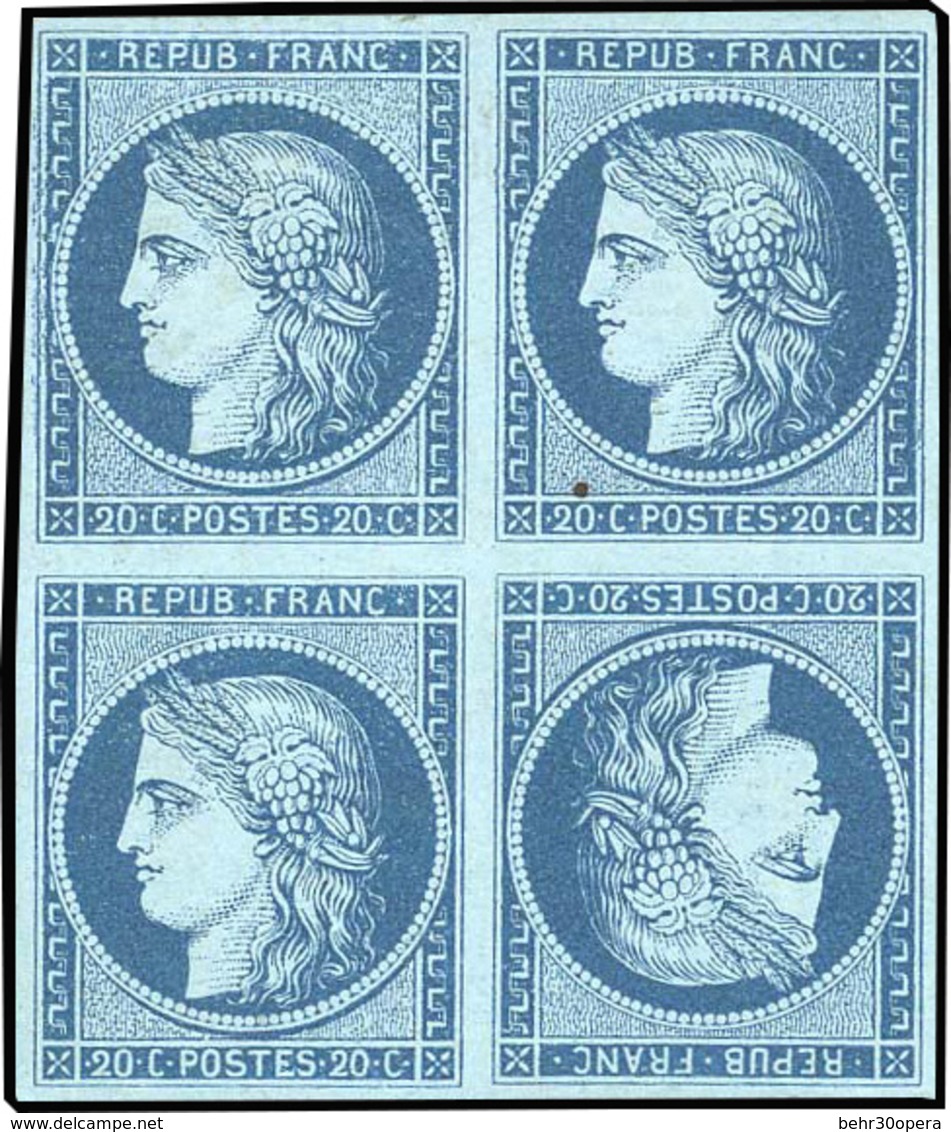(*) N°3 - Essai Du 20c. En Bleu Foncé S/bleu. Bloc De 4 Avec Tête-bêche. Tirage Fin. SUP. RR. - 1849-1850 Ceres