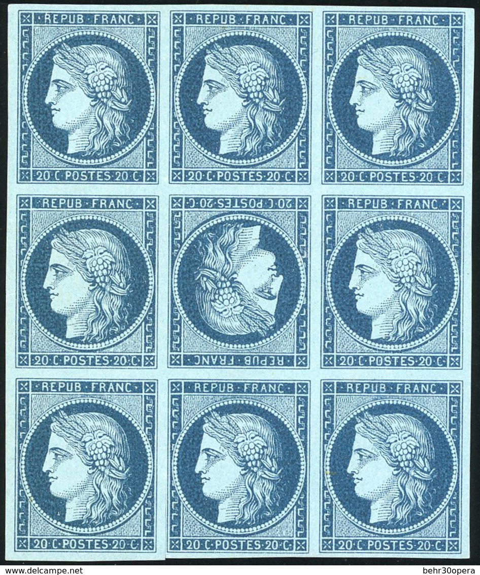 (*) N°3 - 20c. En Bleu Foncé S/bleu. Bloc De 9 Avec Tête-bêche. Tirage Fin. SUP. RR. - 1849-1850 Ceres