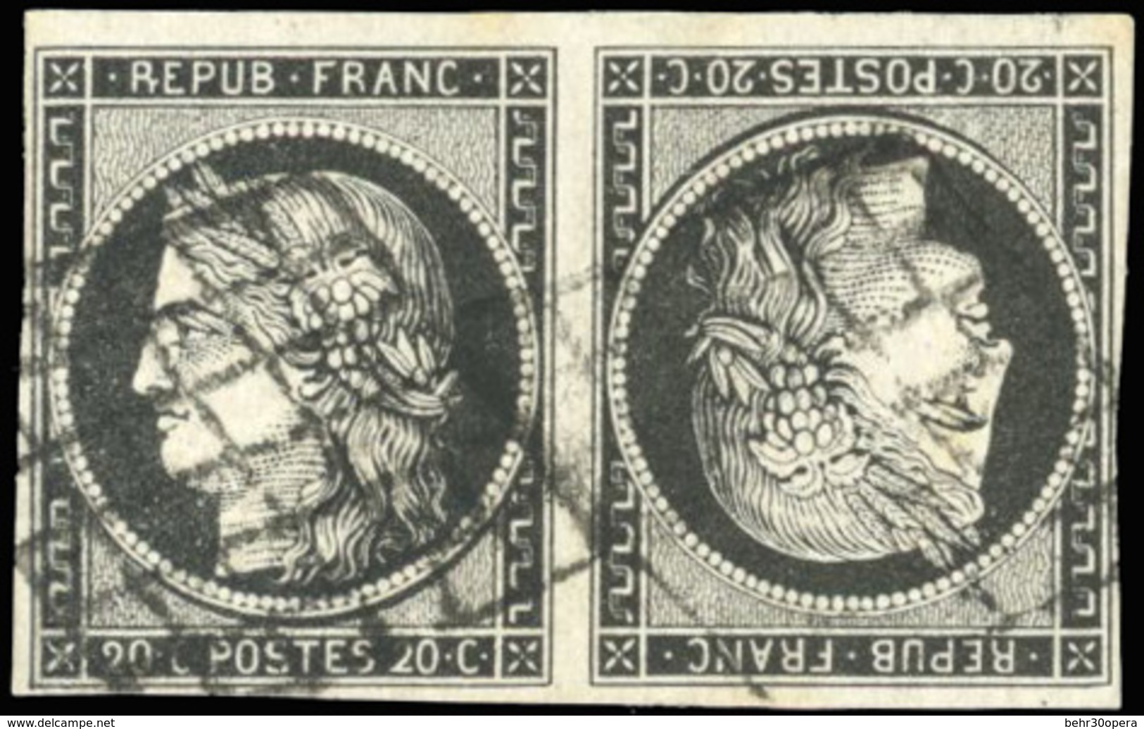 O N°3e - 20c. Noir Sur Blanc. Paire Tête-Bêche. Obl. Grille. TB. - 1849-1850 Ceres