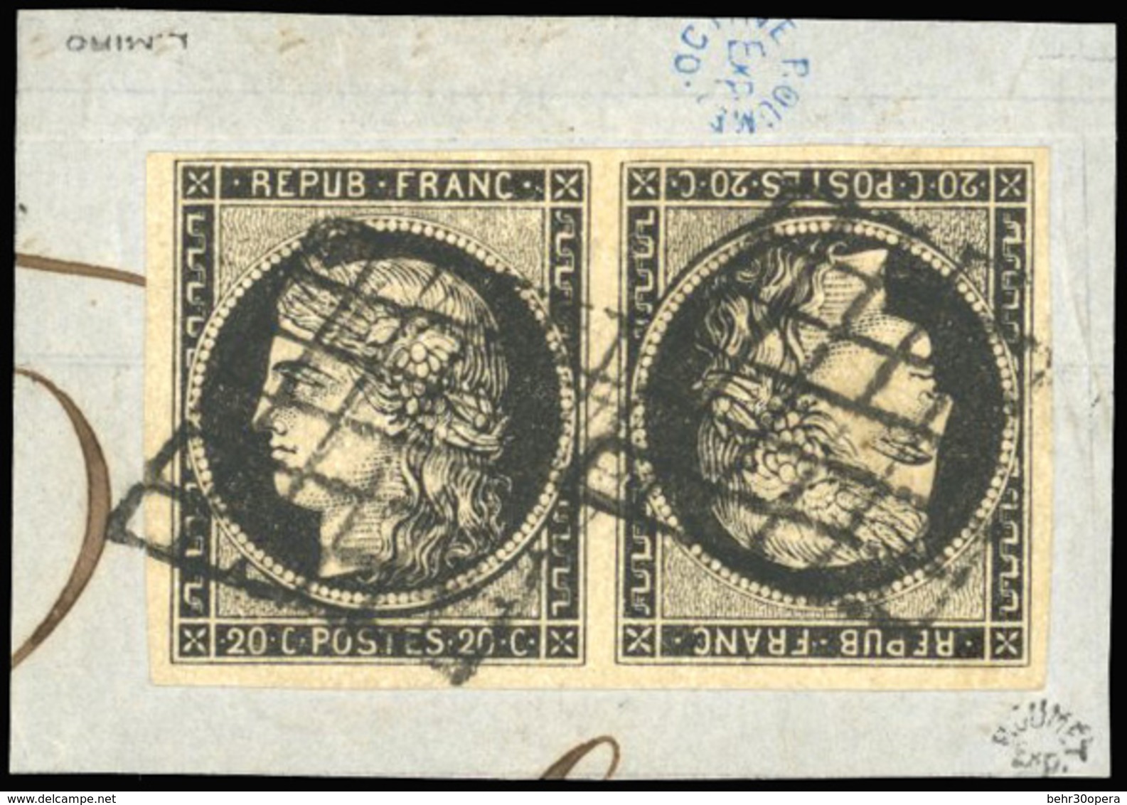 O N°3d - 20c. Noir Sur Jaune. Paire Tête-Bêche. Obl. Sur Fragment. TB. - 1849-1850 Ceres