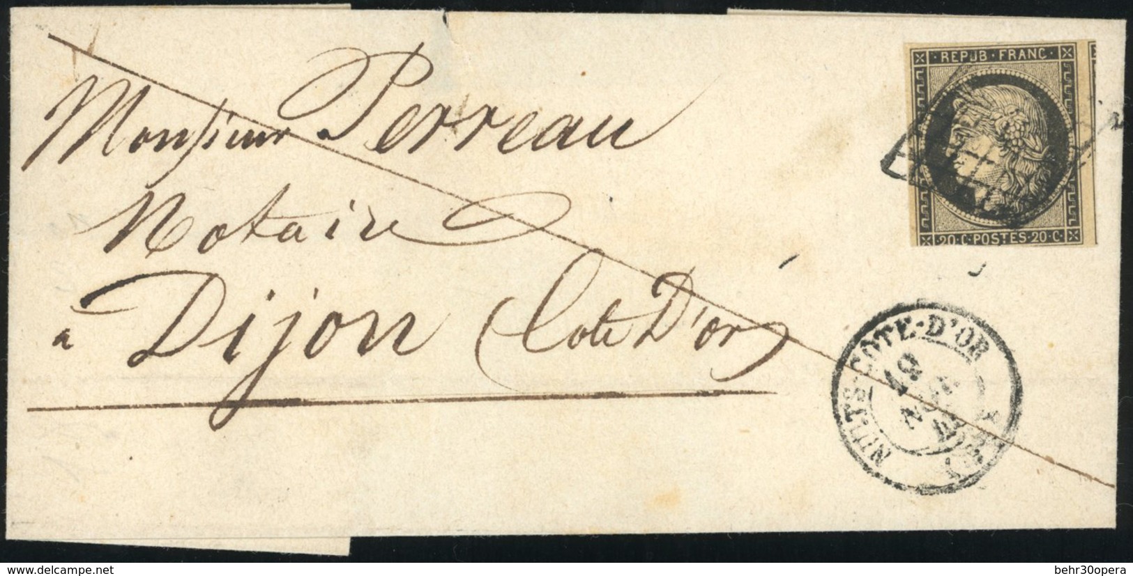 O N°3 - 20c. Noir S/jaune Obl. S/lettre Frappée Du CàD De NUITS - COTE D'OR Du 19 Novembre 1849 à Destination De DIJON.  - 1849-1850 Cérès