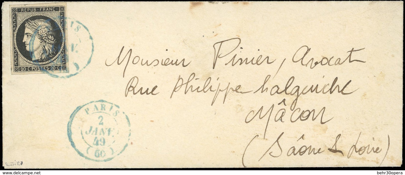 O N°3a - 20c. Noir Sur Blanc. Obl. Sur Lettre Frappée Du CàD Bleu Du 2 JANVIER 1849 à Destination De MACON. Arrivée Le 3 - 1849-1850 Ceres