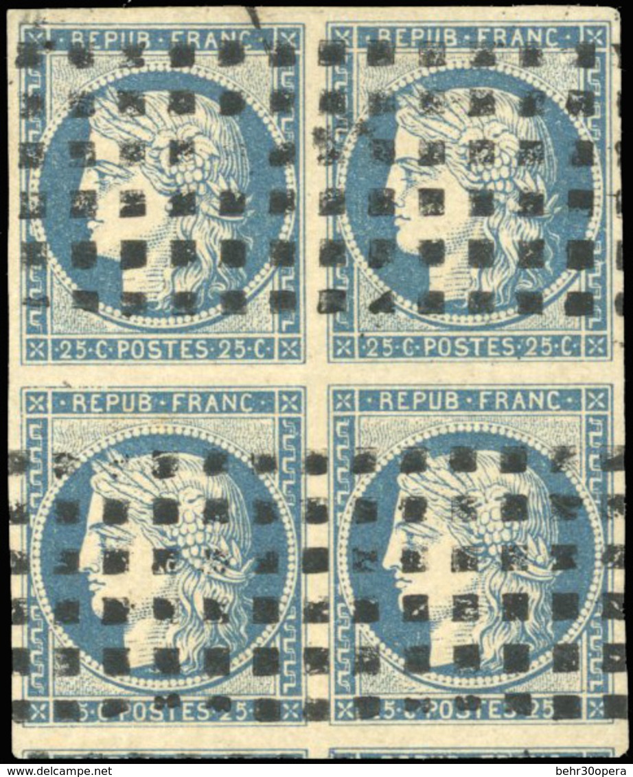 O N°4 - 25c. Bleu. Bloc De 4. Obl. Gros Points. Amorces De 2 Voisins. SUP. - 1849-1850 Ceres