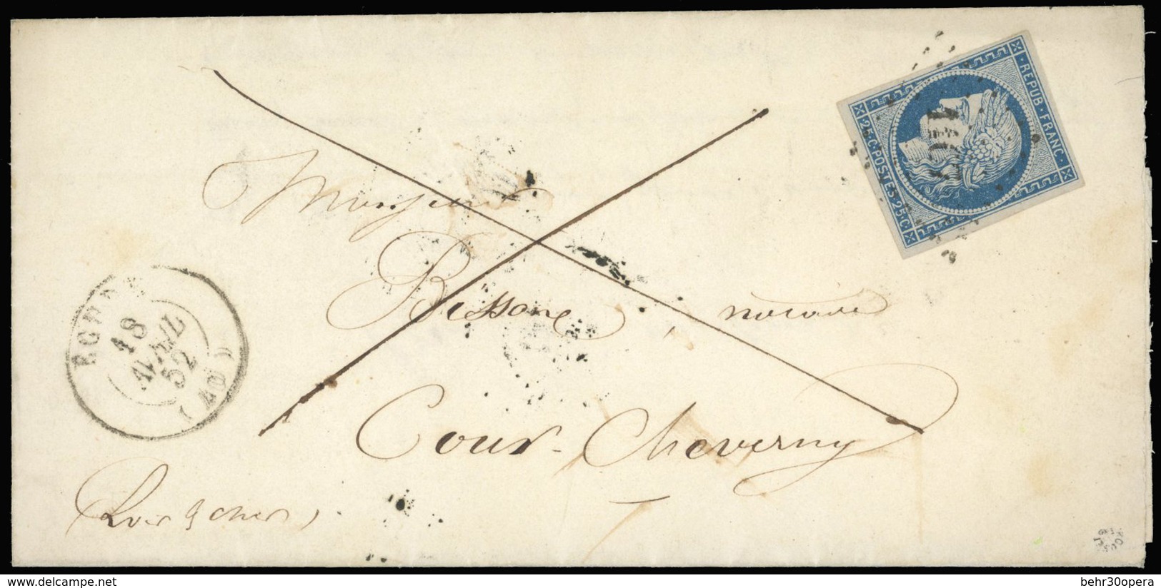 O N°4 - 25c. Bleu S/lettre Frappée Du CàD De ECURE Du 18 AVRIL 1852 à Destination De COUR-CHEVERNY. SUP. - 1849-1850 Ceres