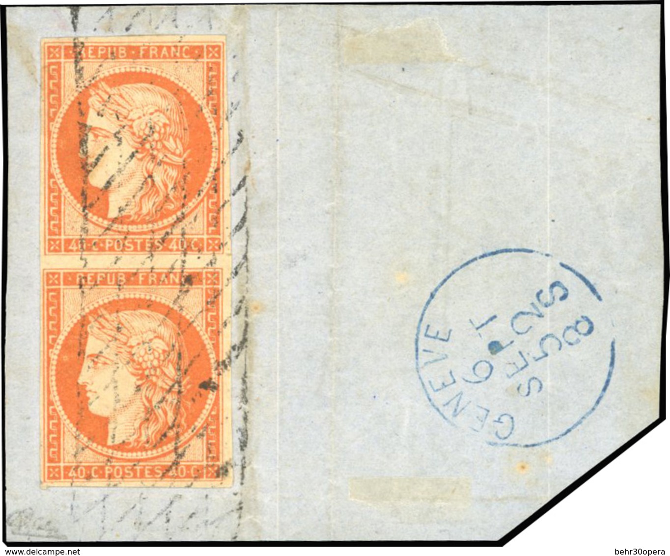 O N°5 - 40c. Orange. Paire. Obl. Grille Sans Fin Sur Fragment Frappé Du CàD De GENEVE Du 6 SEPTEMBRE 1852. SUP. - 1849-1850 Ceres