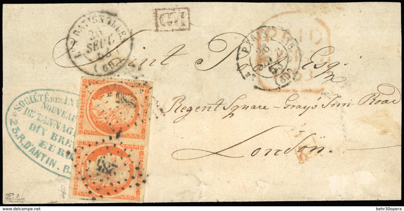 O N°5 - 40c. Orange, Paire Obl. S/lettre Frappée Du CàD De PARIS Et LES BATIGNOLLES Du 26 SEPTEMBRE 1853 à Destination D - 1849-1850 Ceres