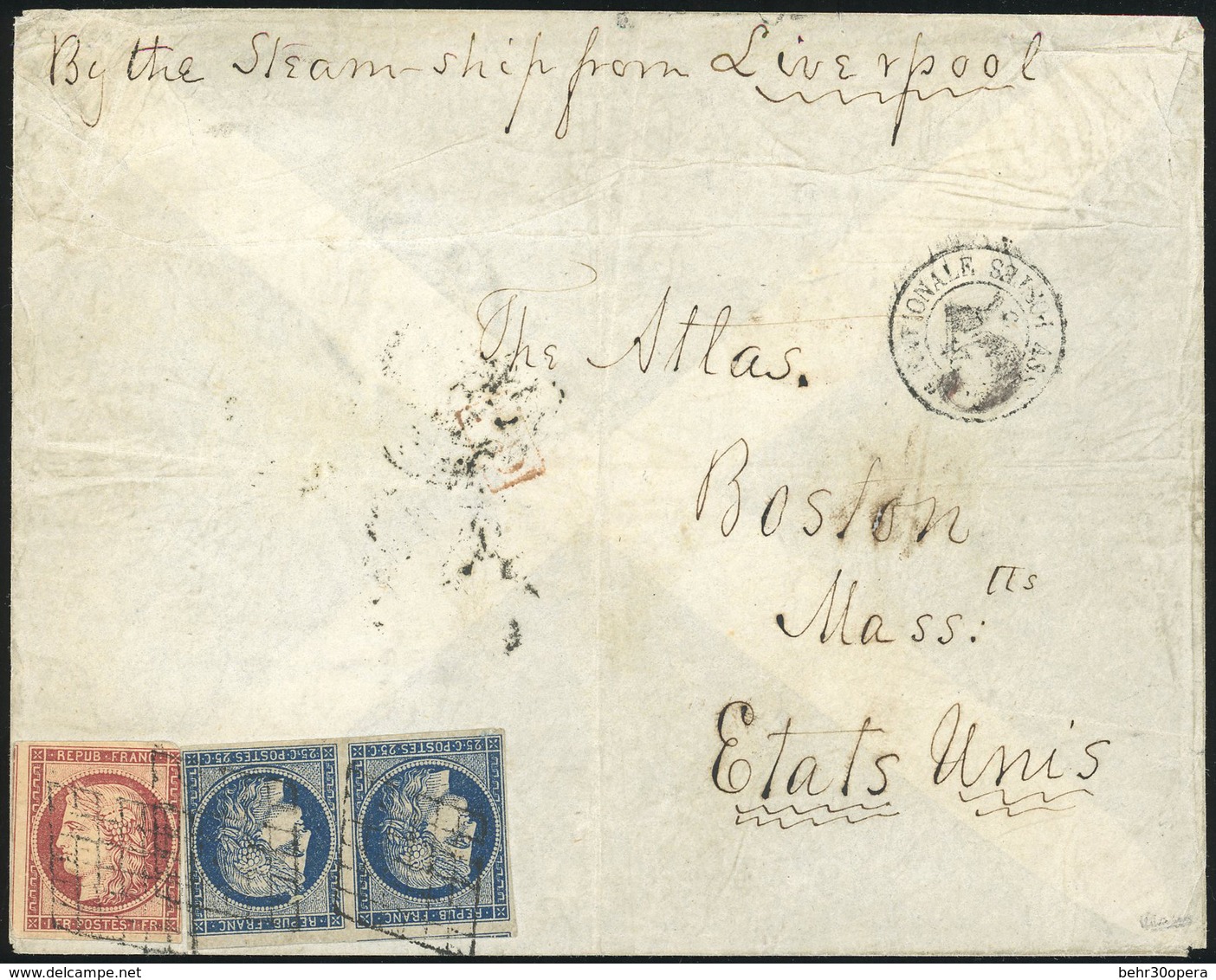 O N°6 - FRANCE, 1849, 1F. Carmine. Huge Margins To Just In At Right, Used With Horizontal Pair 1852, 25c Blue On Bluish, - 1849-1850 Ceres