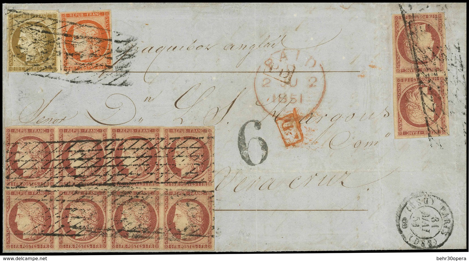 O N°66 - 1F. Carmin Bloc De 8 + 1 Paire + 10c. Et 40c. Cérès Obl. Grille Sans Fin S/lettre Frappée Du CàD De PARIS Du 31 - 1849-1850 Cérès