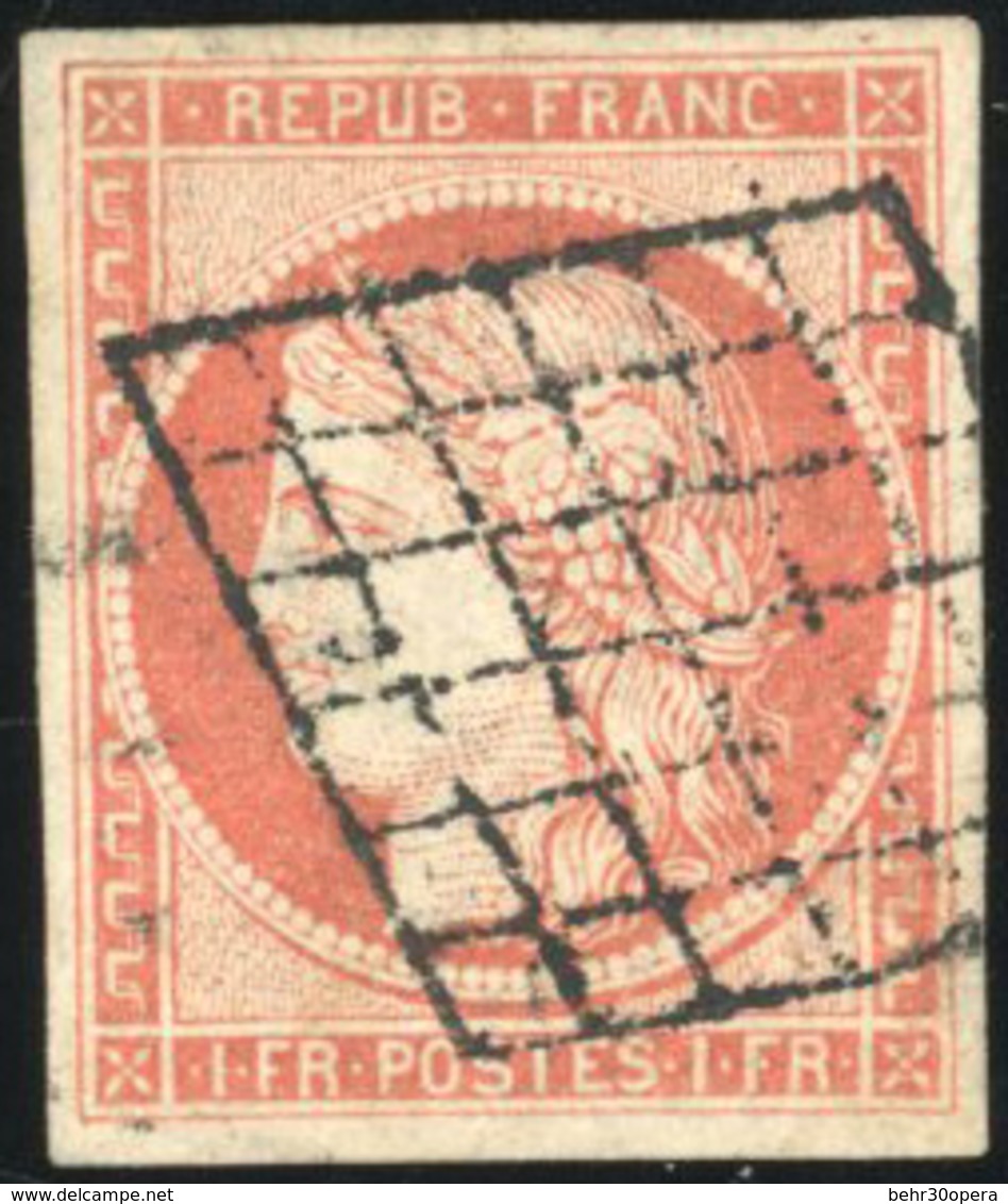 O N°7 - 1F. Vermillon. Obl. Grille. Pièce Parfaite. SUP. RR. - 1849-1850 Ceres