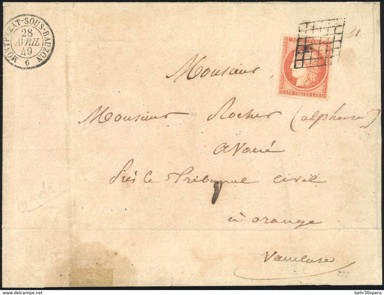 O N°7 - 1Fr. Vermillon Orange Nuance Rare, Dans Le Département De L'Ardèche, Tirant Vers L'orange Et Non Le Rouge. Obl.  - 1849-1850 Cérès