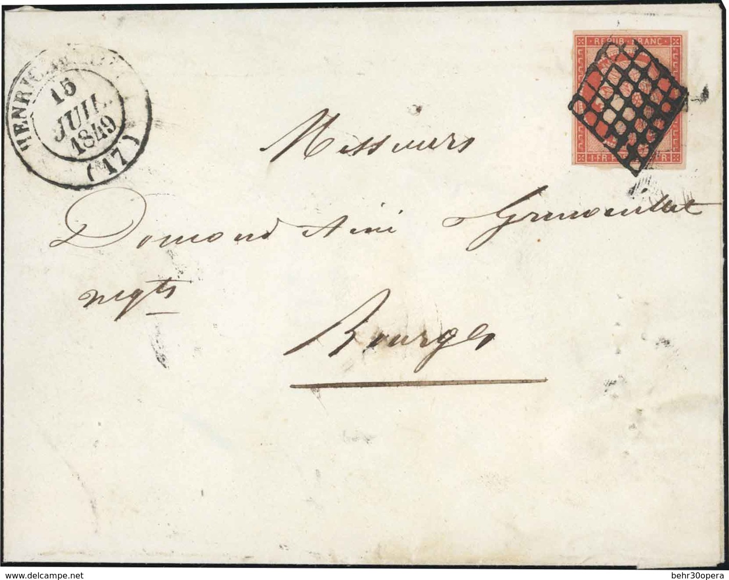 O N°7a - 1F. Vermillon Vif. Obl. Grille S/lettre Portant Le CàD Type 14 De HENRICHEMONT Du 15 Juillet 1849 à Destination - 1849-1850 Cérès