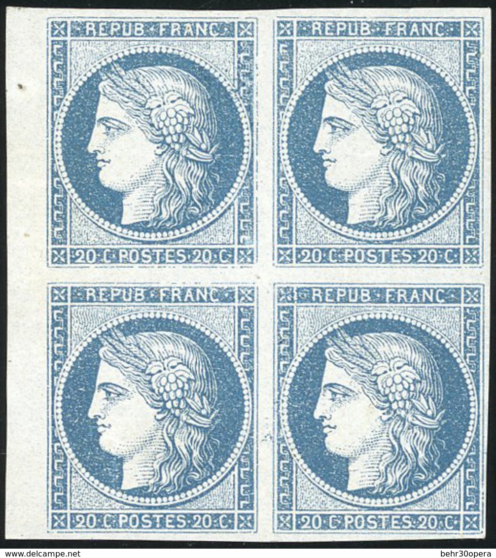 ** N°8b - 20c. Bleu S/azuré. Bloc De 4. BdeF. 3 Timbres Sans Charnière. Parfait. 1 Timbre Défectueux. SUP. RR. - 1849-1850 Cérès