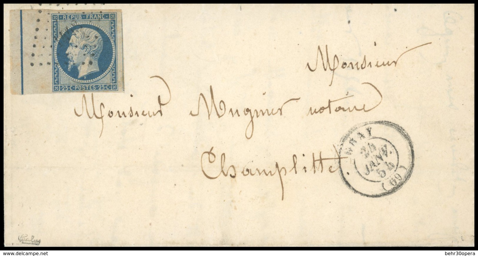 O N°10b - 25c. Bleu Avec Filet D'encadrement Obl. PC 1448 Sur Lettre Frappée Du CàD De GRAY Du 24 JANVIER 1854 à Destina - 1852 Louis-Napoléon