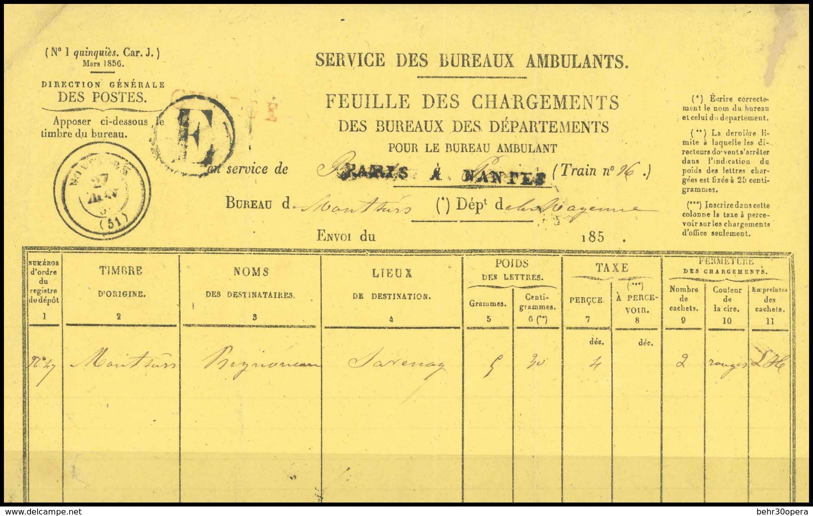O Feuille Des Chargements Pour Bureau Ambulant De PARIS à NANTES Pour Le Bureau De MONTSURS Avec CàD Et Frappée De L'ind - 1853-1860 Napoléon III