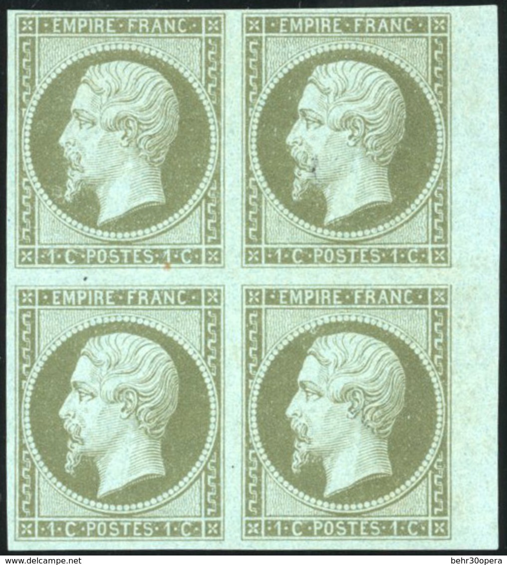 ** N°11 - 1c. Olive. Bloc De 4. BdeF. Légère Trace De Rouille Sur 2 Timbres. TB. - 1853-1860 Napoléon III