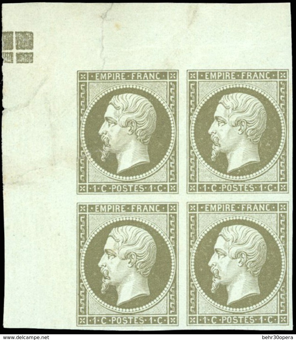 ** N°11c - 1c. Bronze. Bloc De 4 Avec Carré De Repère. Carré De Repère Entier. Defaut Sur 1 Timbre Sinon Pièce Exception - 1853-1860 Napoleone III