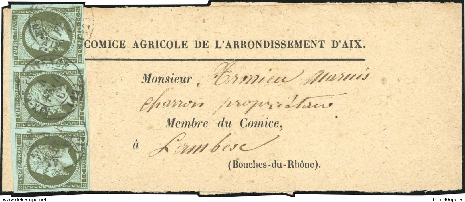 O N°11 - Bande De 3 Du 1c. Olive Obl. S/ Bande De Journal Complète Frappée Du CàD D'AIX-EN-PROVENCE Du 4 Février 1862. T - 1853-1860 Napoleon III