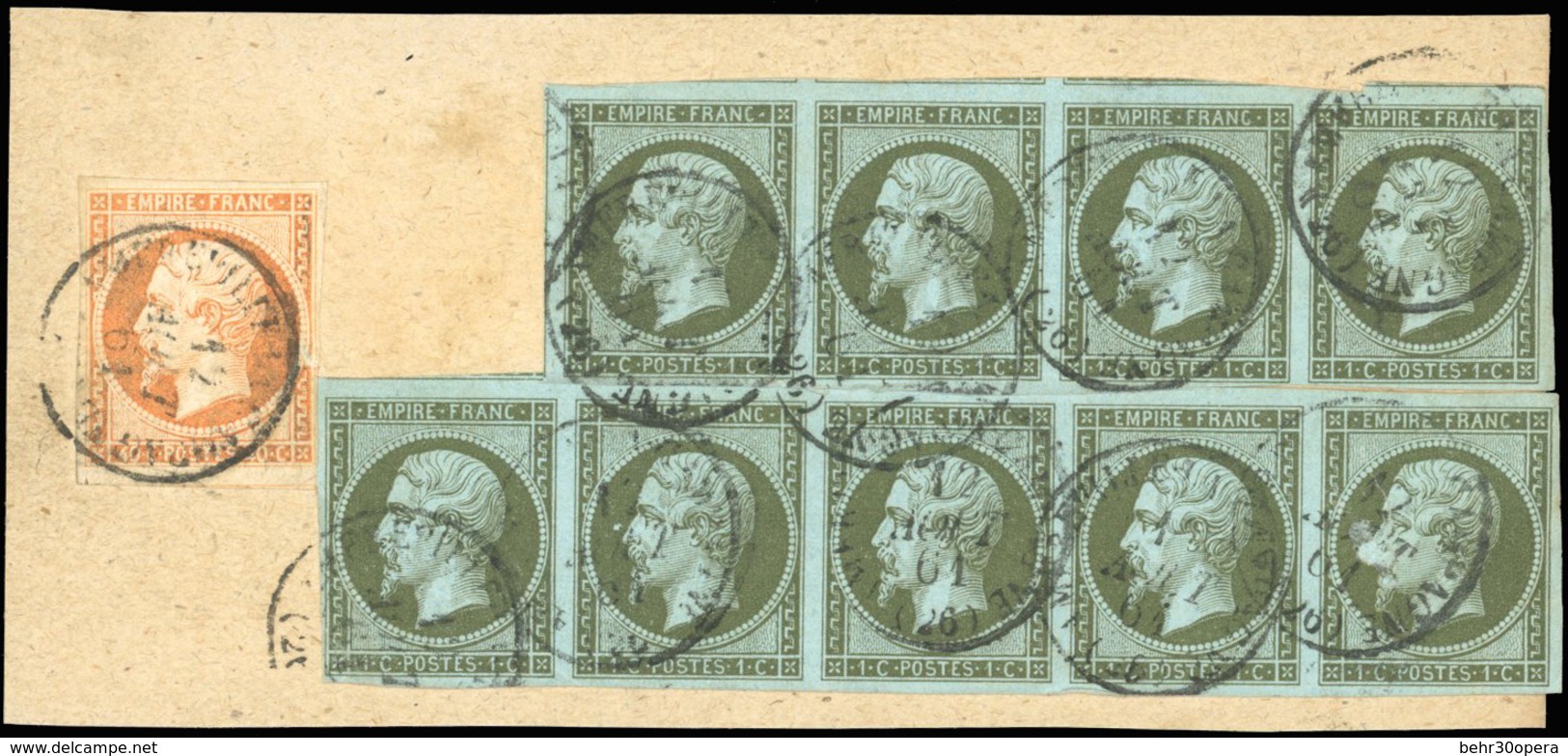 O N°1116 - 1c. Olive Bande De 5 Et Bande 4 + 40c. Orange Obl. CàD Du 12 AOUT 1861 Sur Fragment. SUP. - 1853-1860 Napoléon III.