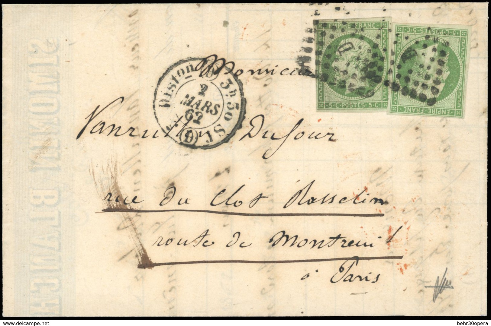 O N°12+ 12a - 5c. Vert + 5c. Vert-jaune Obl. Losange ''D'' S/lettre Locale Frappée Du Cachet ''DISTon D 3h30'' Du 2 Mars - 1853-1860 Napoléon III.