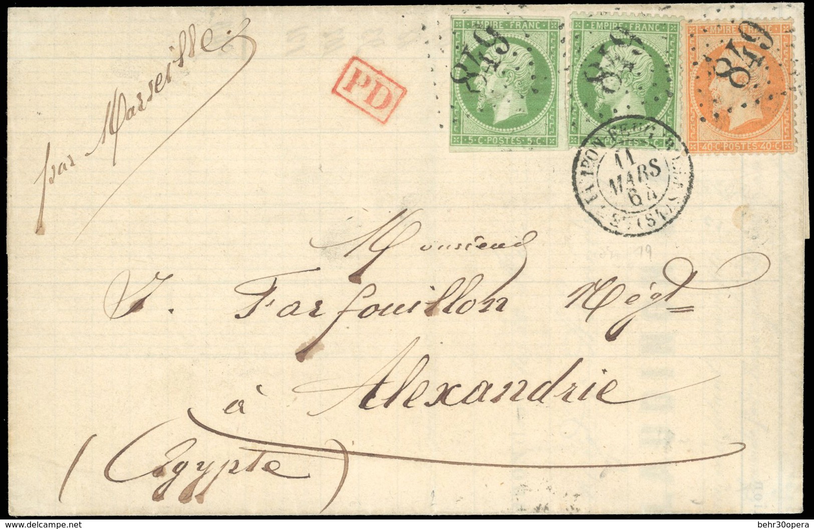 O N°1243 - 5c. Vert + 5c. Vert + 40c. Orange Obl GC 849 S/lettre Frappée Du CàD De CHAMBON FEUGEROLLES Du 11 Mars 1864 à - 1853-1860 Napoléon III.