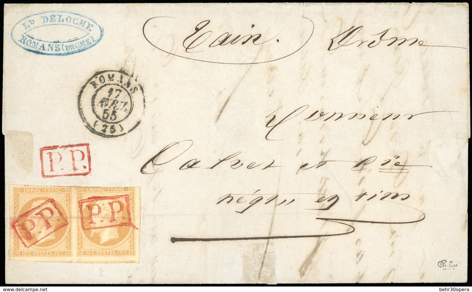 O N°13A - Paire Du 10c. Bistre (déf.) Obl. Cachet ''P.P.'' En Rouge, S/lettre Frappée Du CàD De ROMANS Du 17 Avril 1855  - 1853-1860 Napoleone III