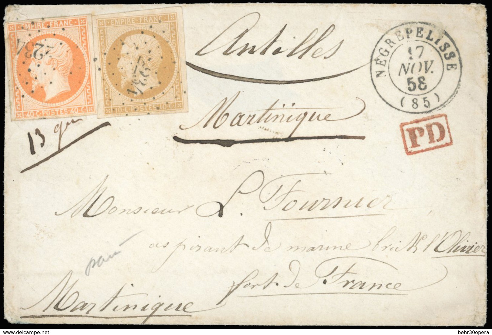 O N°13A + 16 - 10c. Bistre + 40c. Orange Obl. PC 2234 S/lettre Frappée Du CàD De NEGREPELISSE Du 17 Novembre 1858 à Dest - 1853-1860 Napoleone III