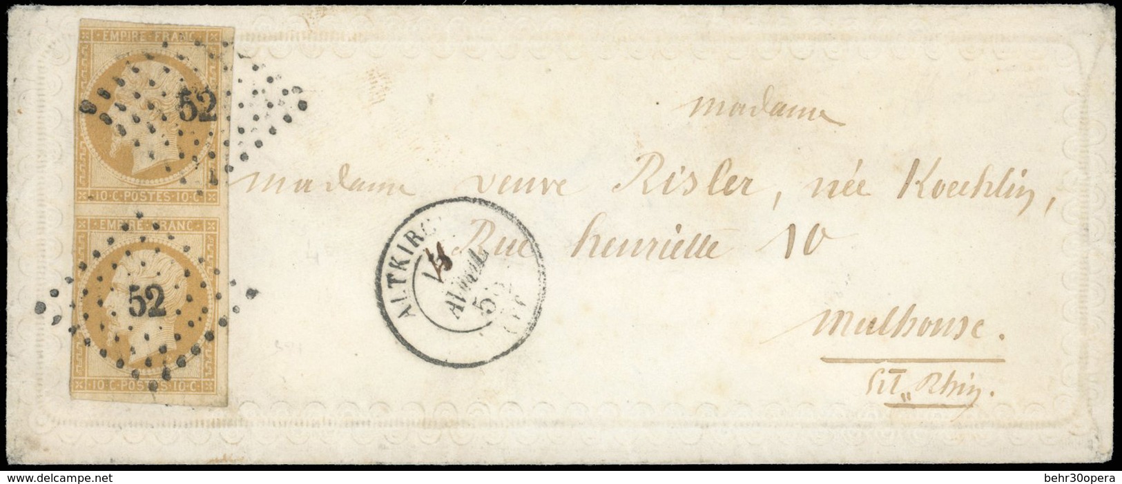 O N°13Ax 2 - Paire Verticale Du 10c. Bistre-jaune (déf.) Obl. PC 52 S/valentine Avec Texte, Frappée Du CàD D'ALTKIRCH Du - 1853-1860 Napoléon III.