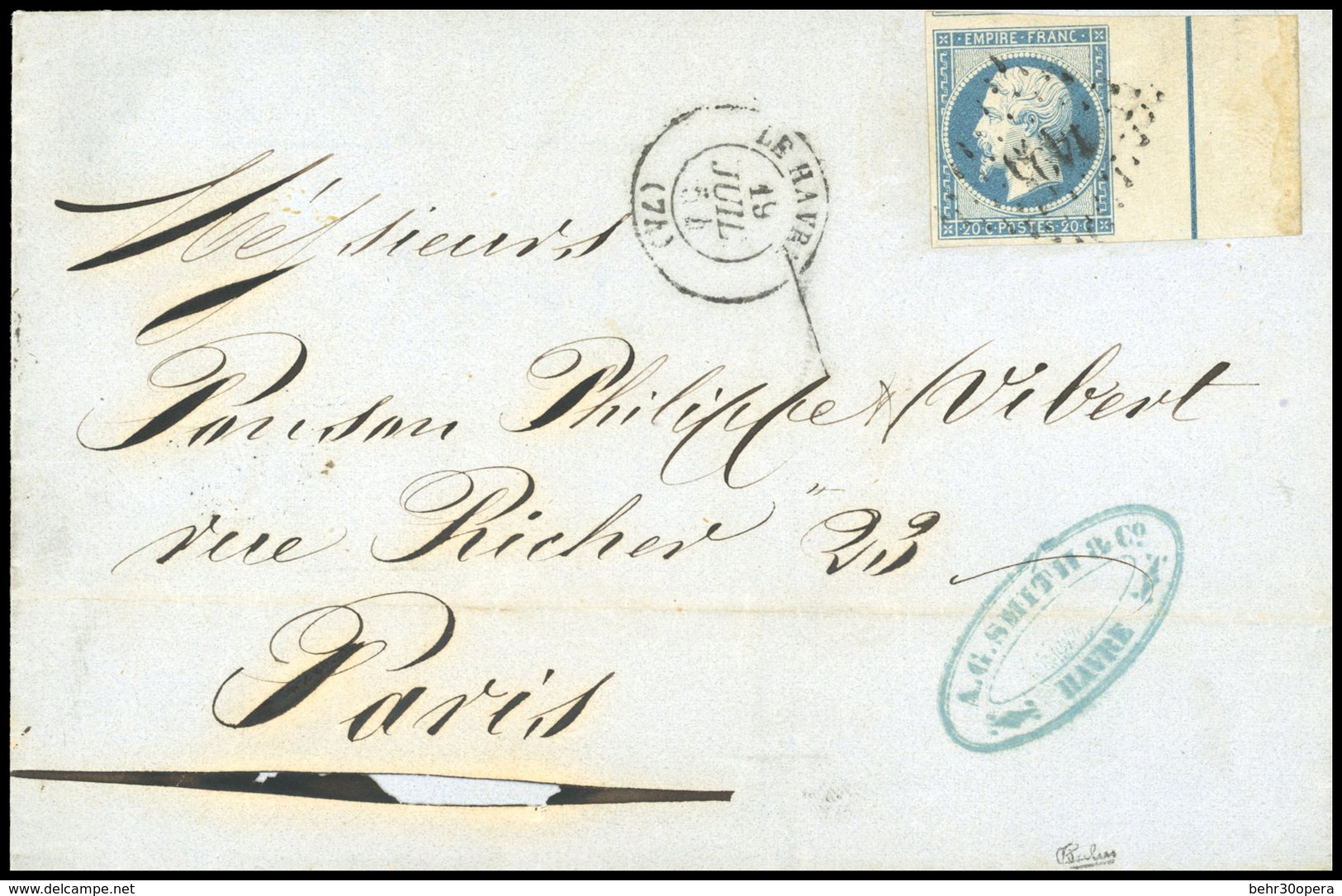 O N°14A - 20c. Bleu Avec Filet D'encadrement Obl. Sur Lettre Frappée Du CàD Du HAVRE Du 19 JUILLET 1854 à Destination De - 1853-1860 Napoleon III